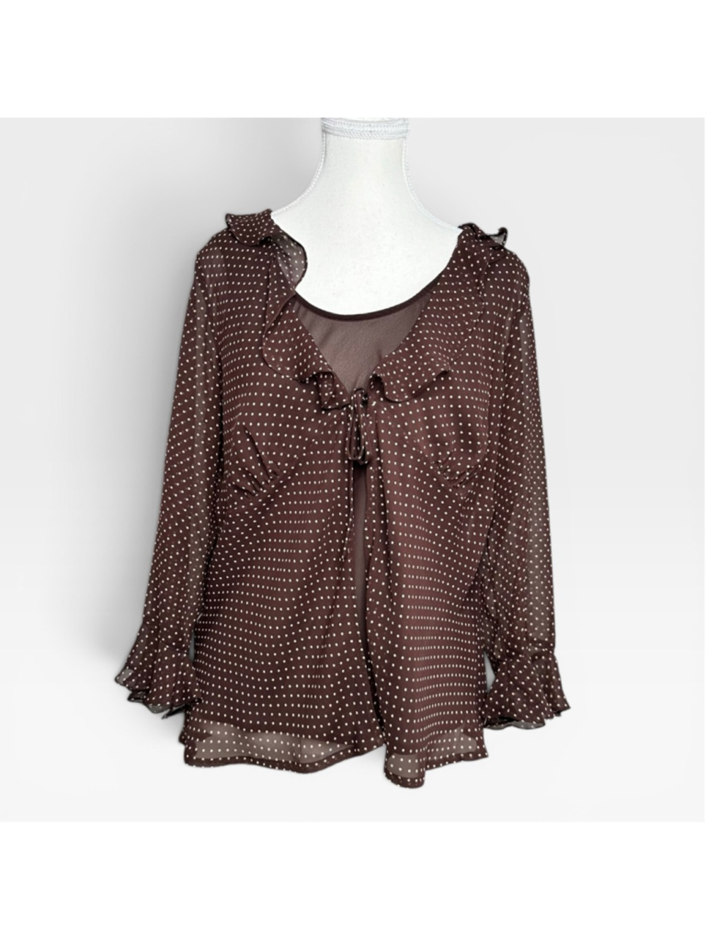 Y2K Sheer Brown Polka Dot Ruffle Tie Front Blouse Fairy Grunge Coquette Top